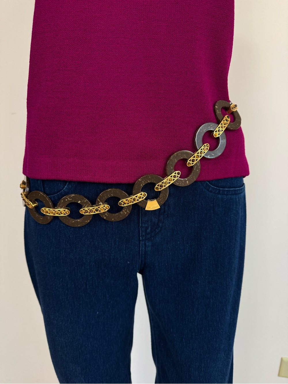 NWT St John Tiger Eye Gold Link Brown Statement Belt Necklace - Picture 5 of 15